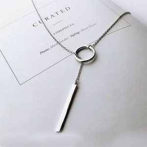 Bar Lariat Necklace / Circle Lariat Necklace / Interlocking Necklace / Silver Y Necklace / Women Statement Lariat Necklace / Gift For Mother