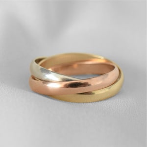 Drie rollende ringen / Meerkleurige ringen / Drievoudig in elkaar grijpende ringen / Russische trouwringen / Trinity-ringen / Trouwring / Angstringen