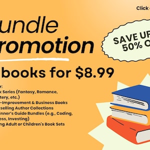 May include: A promotional graphic on an orange background featuring the text Bundle Promotion, 5 Ebooks for $8.99, and Save Up To 50% Off. A stack of three books in blue, yellow, and red is displayed in the lower right corner with a starburst shape.