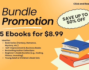May include: A promotional graphic on an orange background featuring the text Bundle Promotion, 5 Ebooks for $8.99, and Save Up To 50% Off. A stack of three books in blue, yellow, and red is displayed in the lower right corner with a starburst shape.