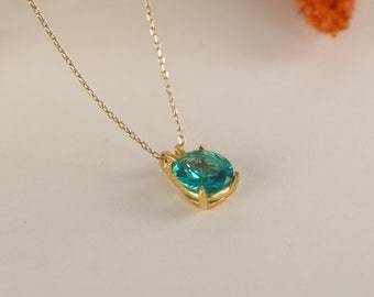 Paraiba Tourmaline Solitaire Necklace in Silver and Gold, 14k Solid Oval Cut Necklace, Mother's Day Gift, Minimalist Necklace for Women