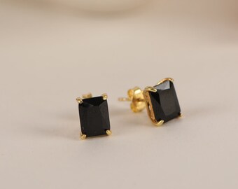 Black Onyx Solitaire Earrings in Silver and Gold, 14k Solid Gold Radiant Cut Valentine's Day Gift, Minimalist Jewelry for Women for Mom