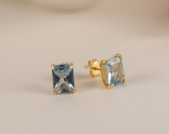 Blue Topaz Solitaire Earrings in Silver and Gold, 14k Solid Gold Radiant Cut Valentine's Day Gift and Minimalist Dainty Jewelry for Women