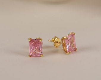 Pink Tourmaline Solitaire Earrings in Silver and Gold, 14k Solid Gold Radiant Cut Mother's Day gift, Minimalist, Dainty Jewelry for Women