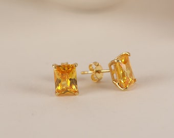 Radiant Solitaire Earrings in Silver and Gold, 14k Solid Gold Cut Citrine Valentine's Day gift, Minimalist Dainty Jewelry for Women for Mom