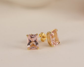 Rosa Diamant Solitär Ohrringe in Silber und Gold, 14k Solid Gold Radiant Cut Valentinstag Geschenk und minimalistischer zierlicher Schmuck für Frauen