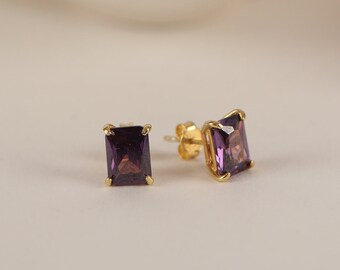 Amethyst Solitaire Earrings in Silver and Gold, 14k Solid Gold Radiant Cut Valentine's Day gift and Minimalist Dainty Jewelry for Women