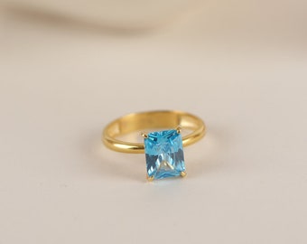 Blauer Diamant-Solitärring aus Silber, Gold, 14 Karat Gold, minimalistischer Ehering im Strahlenschliff und zierlicher Schmuck für Frauen