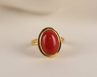 Red Coral Natural Stone Ring in Silver, Gold, 14K Gold  Minimalist Valentine's Day Gift and Minimalist Dainty Jewelry for Women, for Mom