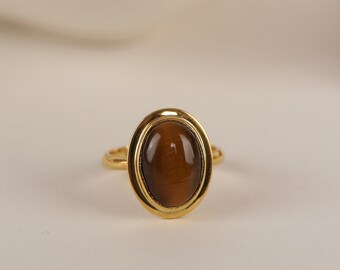 Tiger's Eye Natural Stone Ring in Silver, Gold, 14K Gold  Minimalist Valentine's Day Gift and Minimalist Dainty Jewelry for Women and Mom