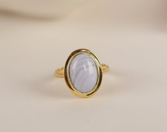 Blue Lace Agate Natural Stone Ring in Silver, Gold, 14K Gold Minimalist Valentine's Day Gift, and Minimalist Dainty Jewelry for Women