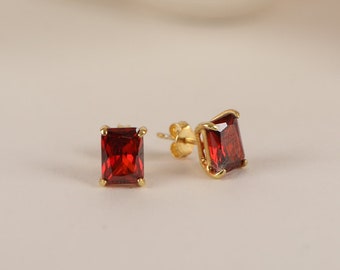 Garnet Solitaire Earrings in Silver and Gold, 14k Solid Gold Radiant Cut Valentine's Day Gift, Minimalist Dainty Jewelry for Women for Mom