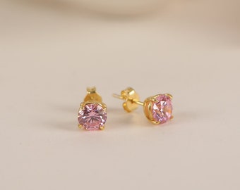 Pink Tourmaline Solitaire Earrings in Silver and Gold, 14k Solid Gold Round Cut Valentine's Day Gift and Minimalist Dainty Jewelry for Women