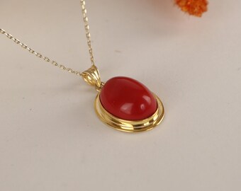 Natural Stone Necklace in Silver and Gold, 14k Solid Gold Red Coral Gemstone Necklace, Christmas  Gift, Dainty Necklace for Women