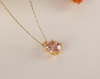 Morganite Solitaire Necklace in Silver and Gold, 14k Solid Round Cut Necklace, Valentine's Day Gift, Minimalist Dainty Necklace for Women