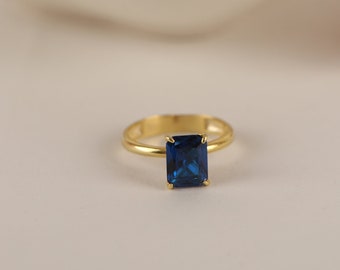 Sapphire Solitaire Ring in Silver, Gold, 14K Gold Radiant Cut, Minimalist Wedding Band Ring, Mother's day gift and Dainty Jewelry for Women