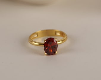 Garnet Solitaire Ring in Silver, Gold, 14K Gold Oval Cut, Minimalist Wedding Band Ring, Mother's Day Gift and Dainty Jewelry for Women