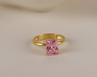 Pink Tourmaline Solitaire Ring in Silver, Gold, 14K Gold Radiant Cut Minimalist Wedding Band Ring, Dainty Jewelry for Women