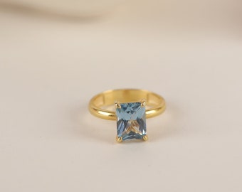 Blue Topaz Solitaire Ring in Silver, Gold, 14K Gold Radiant Cut, Minimalist Wedding Band Ring, for Mother's day and Dainty Jewelry for Women