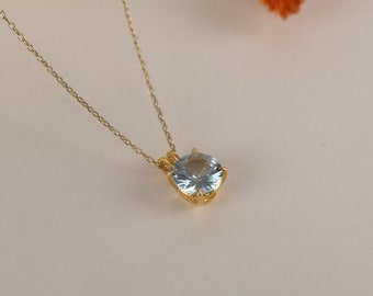 Solitaire Necklace in Silver and Gold, 14k Solid Round Cut Blue Topaz Necklace, Christmas Gift, Minimalist Dainty Necklace for Women