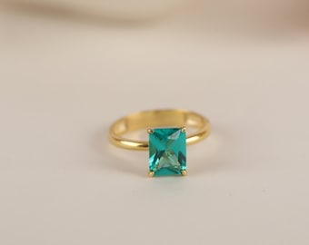 Paraiba-Turmalin-Solitärring in Silber, Gold, 14K Gold im Strahlenschliff, Ehering, Muttertagsgeschenk, zierlicher Schmuck für Frauen