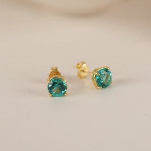 Paraiba Tourmaline Solitaire Earrings in Silver and Gold, 14k Solid Gold Round Cut Christmas Gift and Minimalist Dainty Jewelry for Women