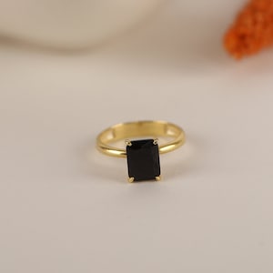 Black Onyx Solitaire Ring in Silver, Gold, 14K Gold, Radiant Cut Minimalist Wedding Band Ring, Dainty Mother's day gift for Women image 1