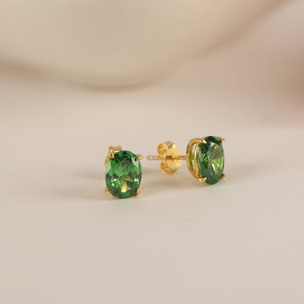 Emerald Solitaire Earrings in Silver and Gold, 14k Solid Gold Oval Cut Valentine's Day gift and Minimalist Dainty Jewelry for Women, for Mom