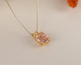 Morganite Solitaire Necklace in Silver and Gold, 14k Solid Radiant Cut Necklace, Valentine's Day Gift, Minimalist Dainty Necklace for Women