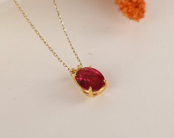 Solitaire Necklace in Silver and Gold, 14k Solid Oval Cut Ruby Necklace, Christmas Gift, Minimalist Dainty Necklace for Women