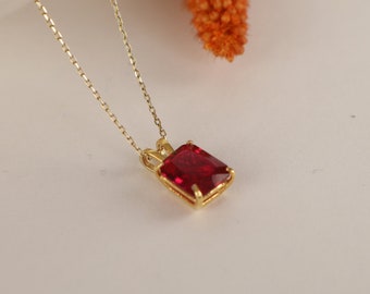 Solitaire Necklace in Silver and Gold, 14k Solid Radiant Cut Ruby Necklace, Christmas Gift, Minimalist Dainty Necklace for Women