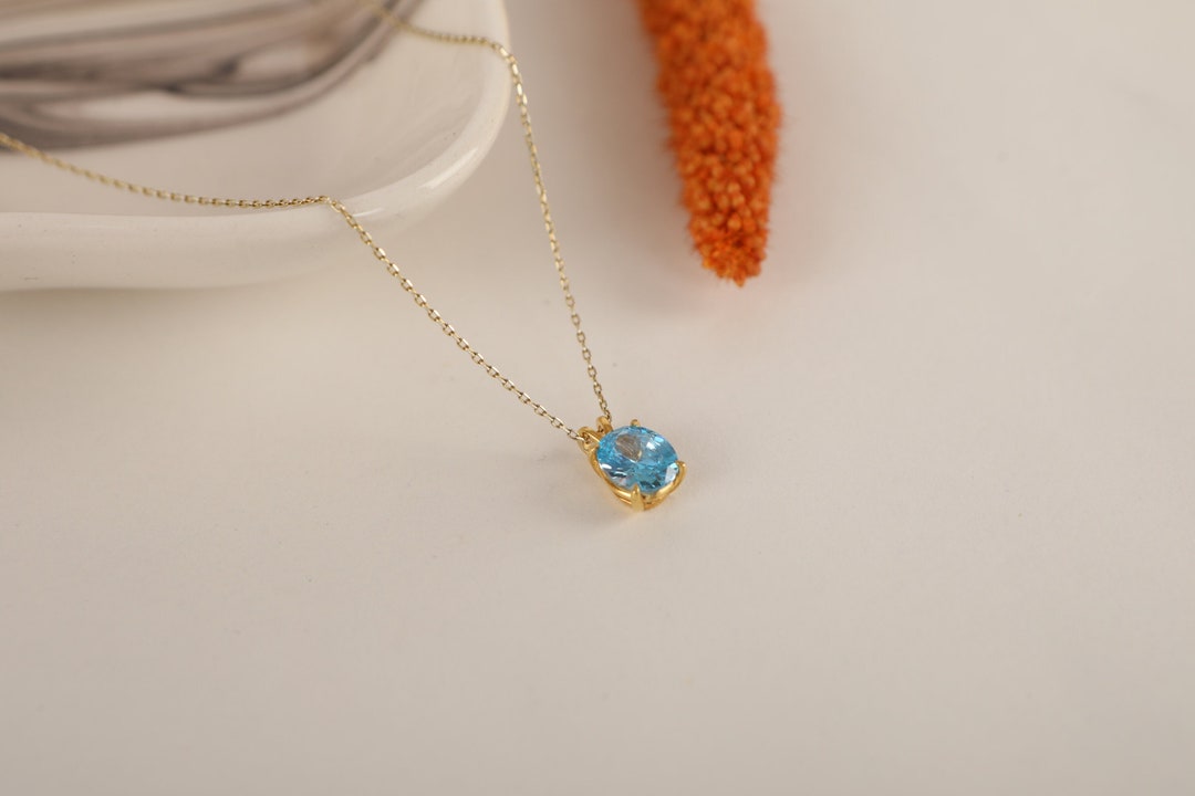 Solitaire Necklace in Silver and Gold, 14k Solid Oval Cut Blue Diamond