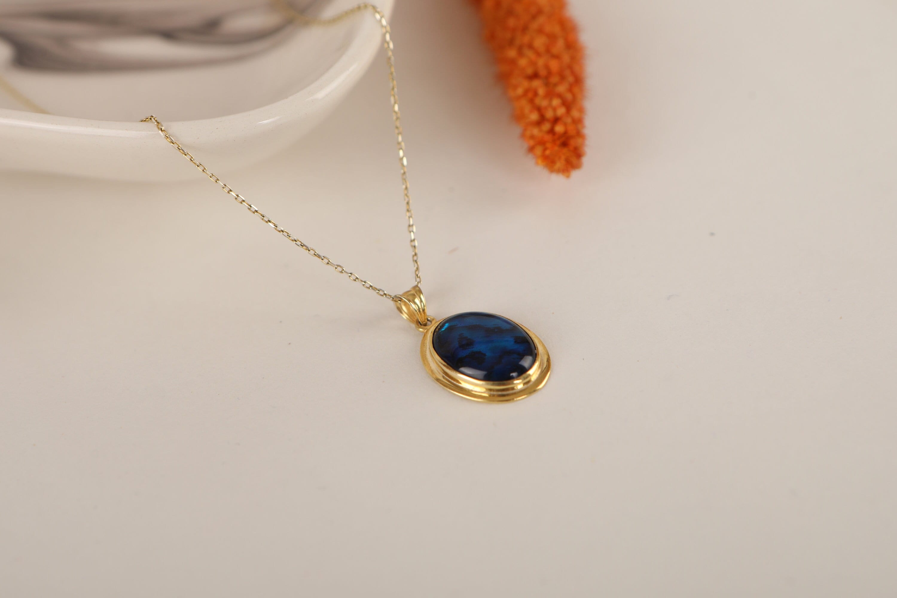 Natural Stone Necklace in Silver and Gold, 14k Solid Gold Blue Abalone