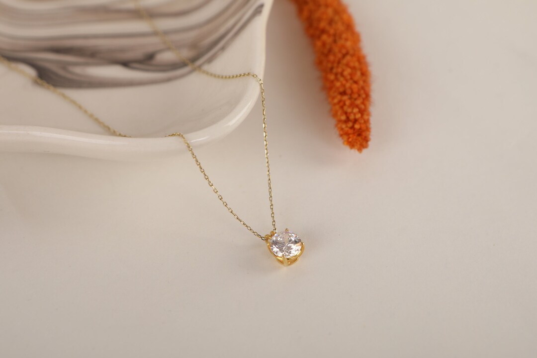 Solitaire Necklace in Silver and Gold, 14k Solid Round Cut Diamond