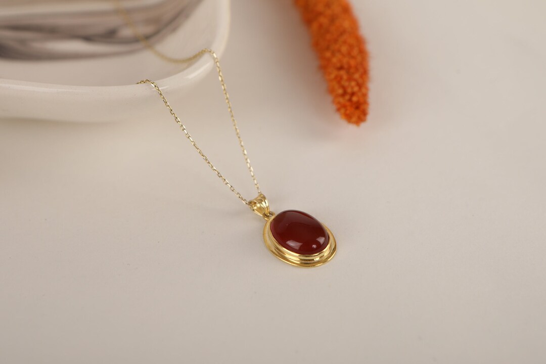 Natural Stone Necklace in Silver and Gold, 14k Solid Gold Red Carnelian