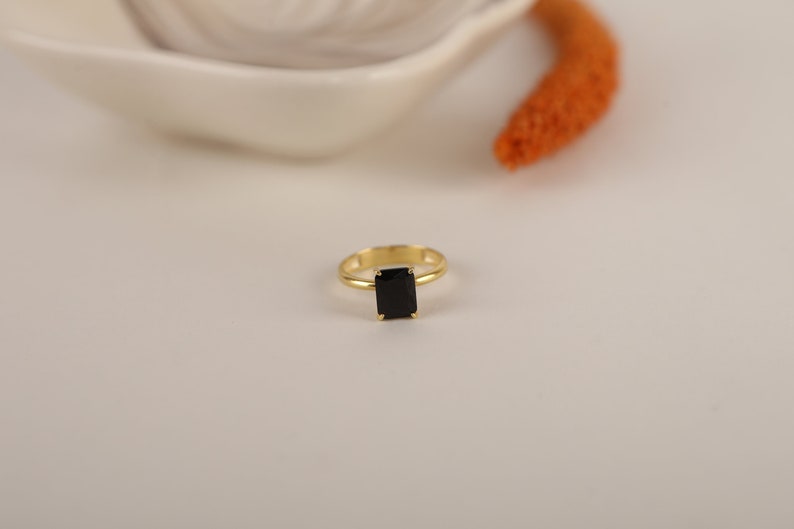 Black Onyx Solitaire Ring in Silver, Gold, 14K Gold, Radiant Cut Minimalist Wedding Band Ring, Dainty Mother's day gift for Women image 1