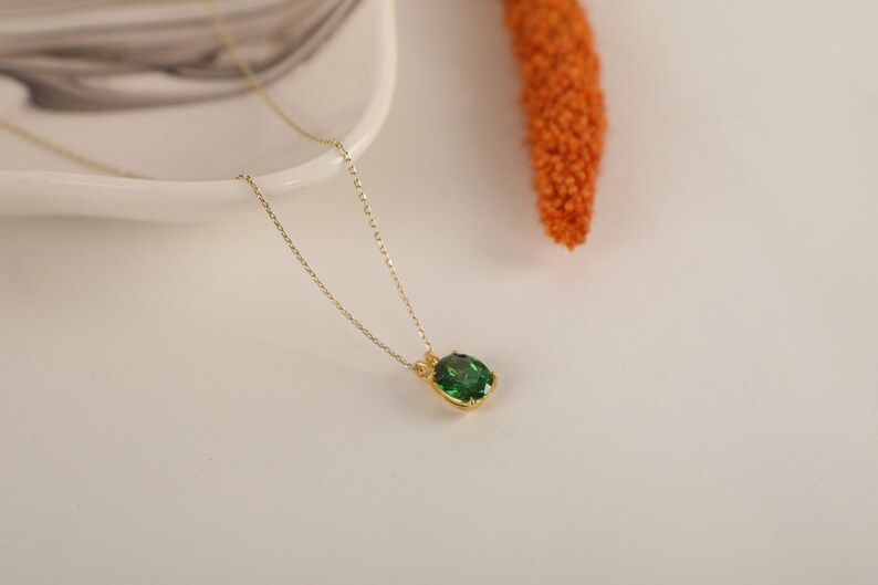 Solitaire Necklace in Silver and Gold, 14k Solid Oval Cut Emerald Necklace, Christmas Gift, Minimalist Dainty Necklace for Women image 1