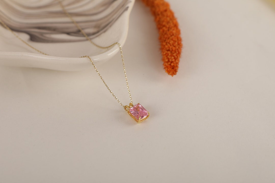 Solitaire Necklace in Silver and Gold, 14k Solid Radiant Cut Pink