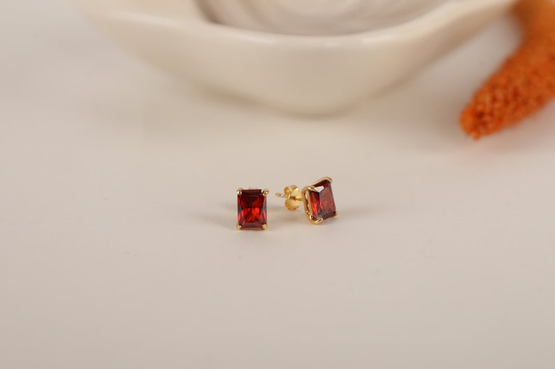 Garnet Solitaire Earrings in Silver and Gold, 14k Solid Gold Radiant Cut Valentine's Day Gift, Minimalist Dainty Jewelry for Women for Mom image 1