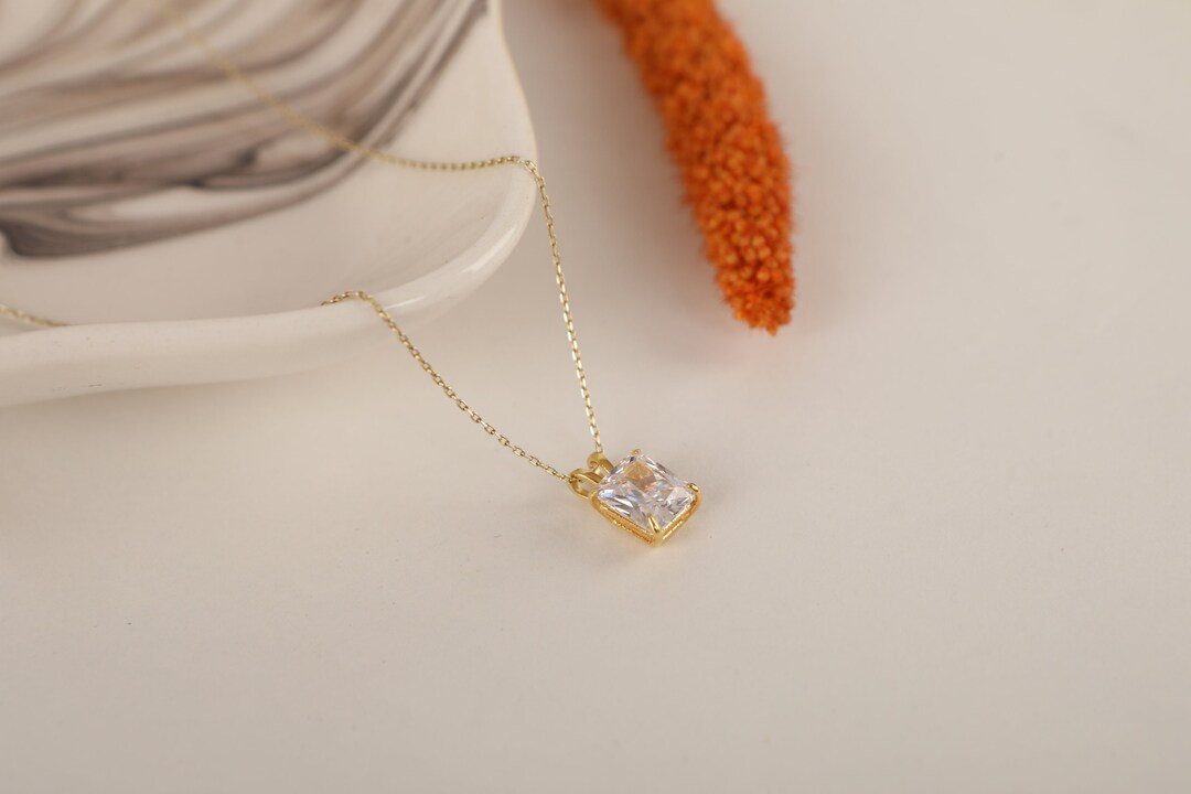 Solitaire Necklace in Silver and Gold, 14k Solid Radiant Cut Diamond
