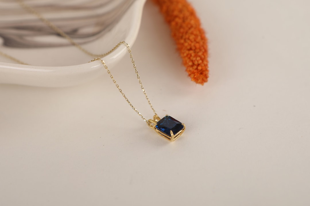 Solitaire Necklace in Silver and Gold, 14k Solid Radiant Cut Sapphire