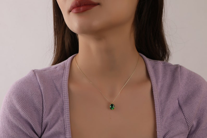 Solitaire Necklace in Silver and Gold, 14k Solid Oval Cut Emerald Necklace, Christmas Gift, Minimalist Dainty Necklace for Women image 3