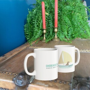 Chebeague Island Sailboat Portland Maine Mug, 11oz White Ceramic Gift, Sailing dog mug for coffee tea, Maine gift, souvenir (Free shipping)