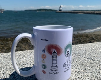 Portland Maine Lighthouse Gift Ceramic Mug, Portland Headlight Souvenir, Glass house warming Casco Bay Coffee Tea Lovers Ocean Free shipping