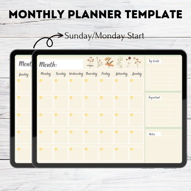 Monthly Planner Goodnotes Template, Undated Monthly Planner, Monthly