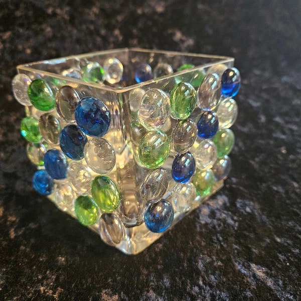 Square beaded candleholder or vase. One blue/green in stock, more coming soon