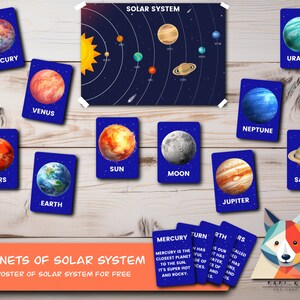 Tarjetas didácticas sobre los planetas • Aprendizaje sobre los planetas • Póster gratuito del sistema solar • Tarjetas informativas incluidas • Tarjetas didácticas y póster digitales