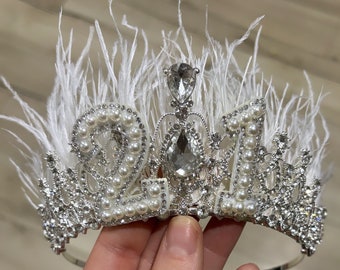 Birthday crown, personalised to any age. Pearl and feather crown for Birthdays. 16th, 18th, 21st, 30th, 40th, 50th.