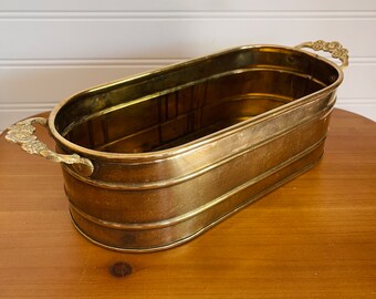 Vintage Patinaed Brass Jardiniere Oval Planter with Floral Handles