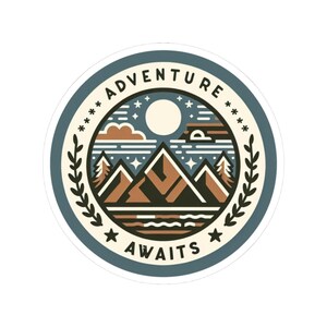 Adventure Awaits Sticker | Vintage Mountain Badge with Sun and Forest - Explore More Vinyl Sticker